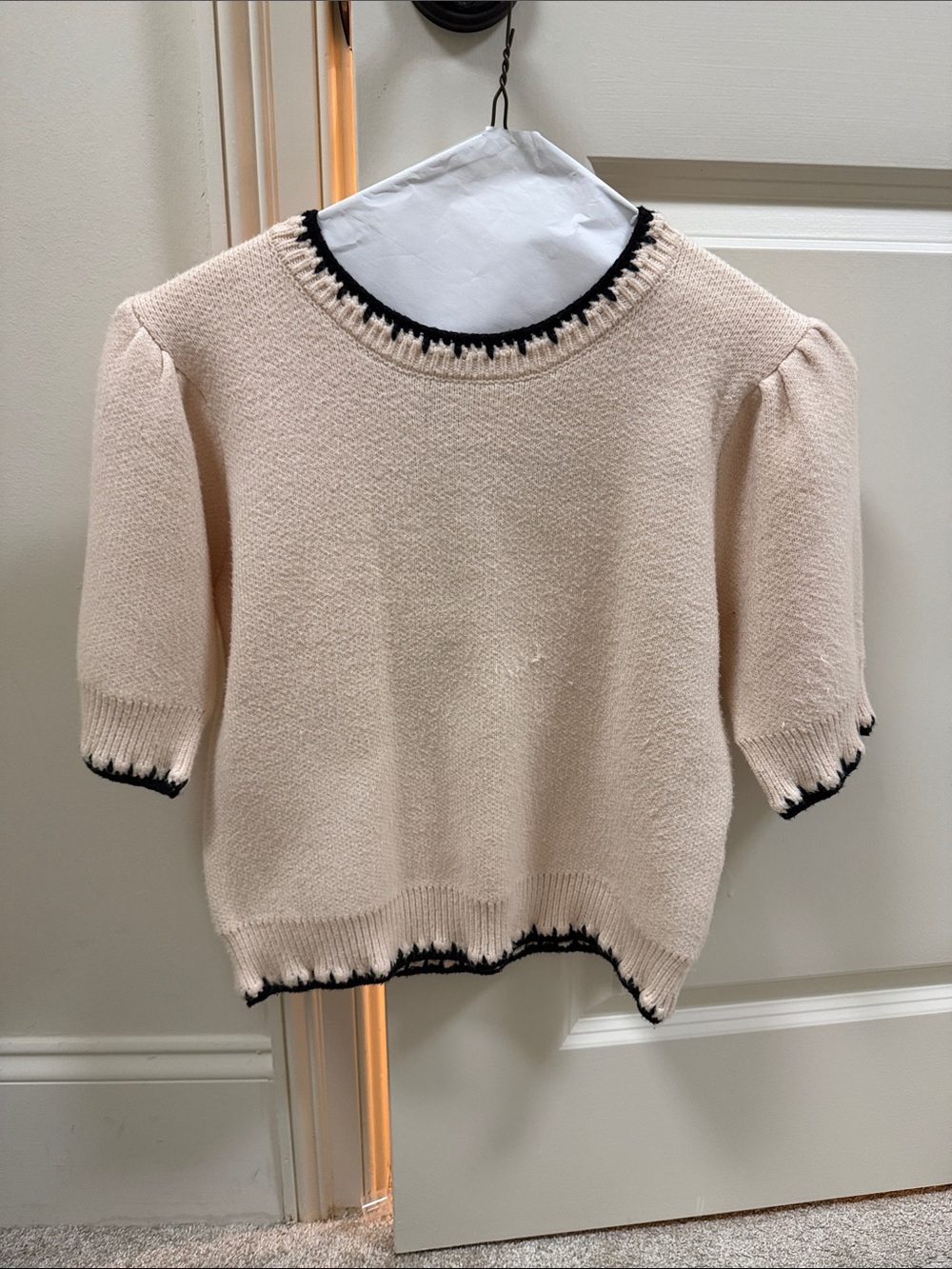 THML Cream Short-Sleeve Knit Sweater with Black Trim